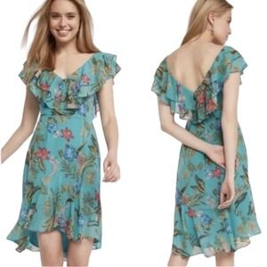 Wayf  Chelsea Teal Tiered Floral Ruffle Dress Women’s Hi Lo Lined V Neck Size S
